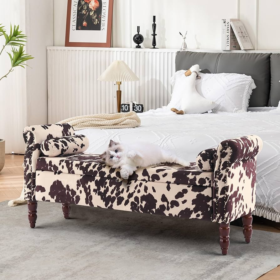 End of Bed Bench, 57" Cow Printed Storage Bench for Bedroom, Upholstered Bench with Storage and P... | Amazon (US)