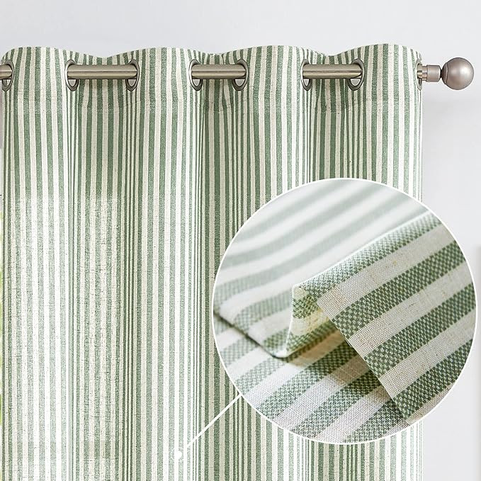 Vangao Linen Stripe Green Curtains for Bedroom Tickingstripe Light Filtering Farmhouse Window Cur... | Amazon (US)