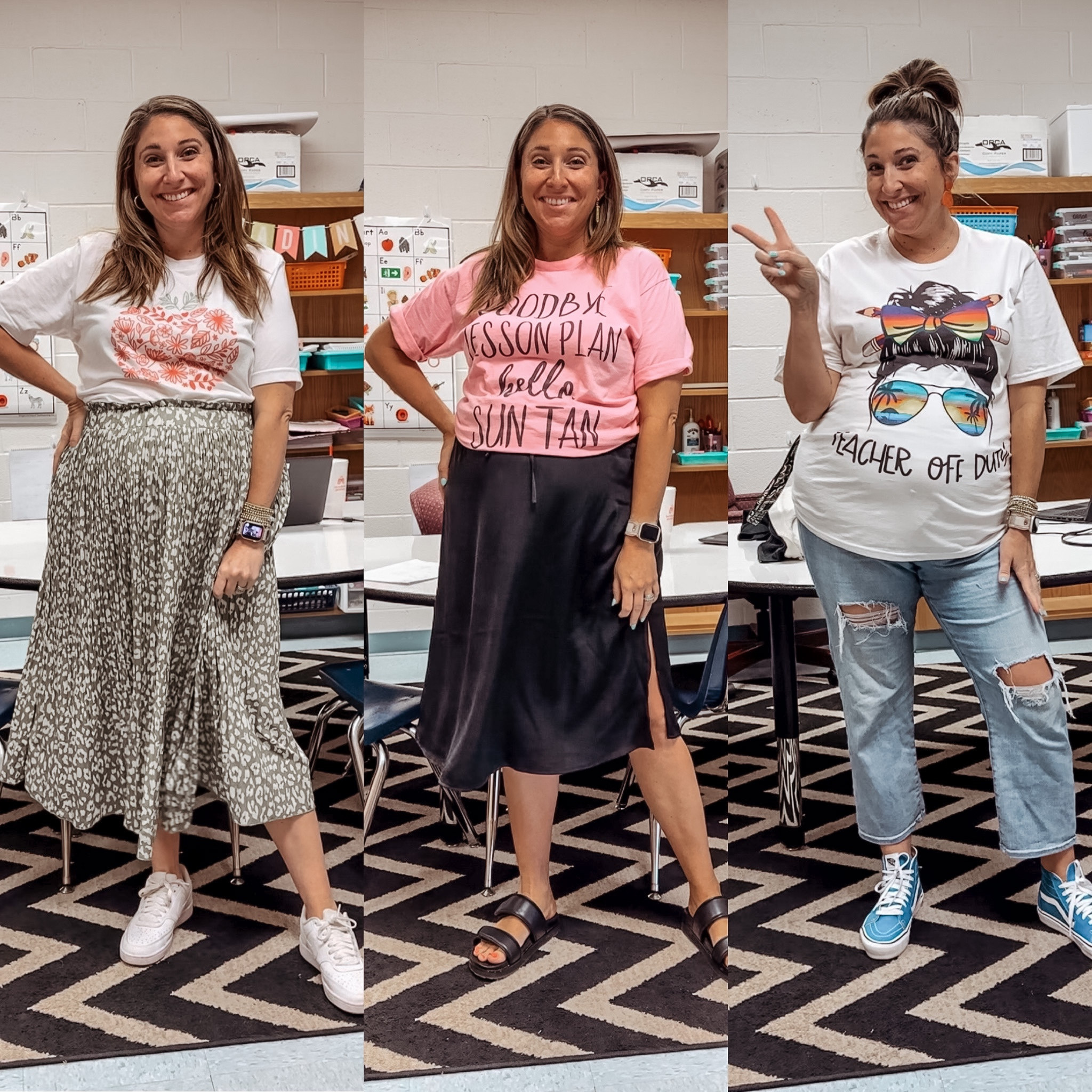 Last week of school outfits 
Sizing from left to right: All tees in L / first skirt XL / black skirt L / jeans (non maternity) 14 with belly band : Nikes half size down/ slides and vans tts 

#LTKbump #LTKstyletip #LTKworkwear