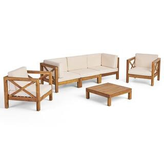 Noble House Brava Teak Brown 6-Piece Wood Patio Conversation Seating Set with Beige Cushions 6779... | The Home Depot