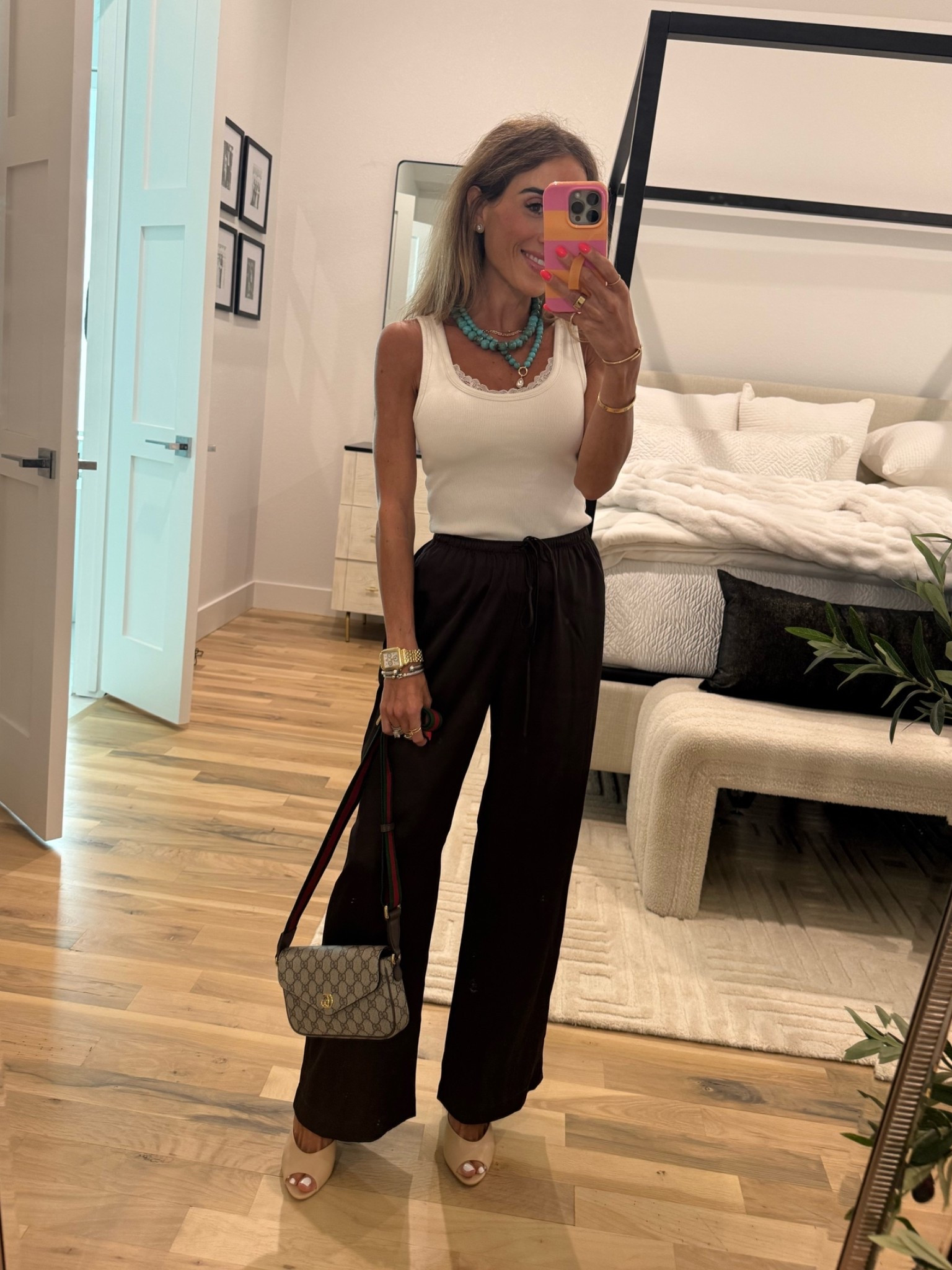 Chocolate brown satin pants that are trending! With built in bra and cute lace trim wearing xxs short in pants 
Code DENIMAF

#LTKSaleAlert #LTKPetite #LTKootd