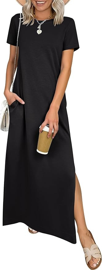 ANRABESS Womens Summer Casual Maxi Dress Short Sleeve Crewneck Split Wrinkle-Free Travel Long Sun... | Amazon (US)