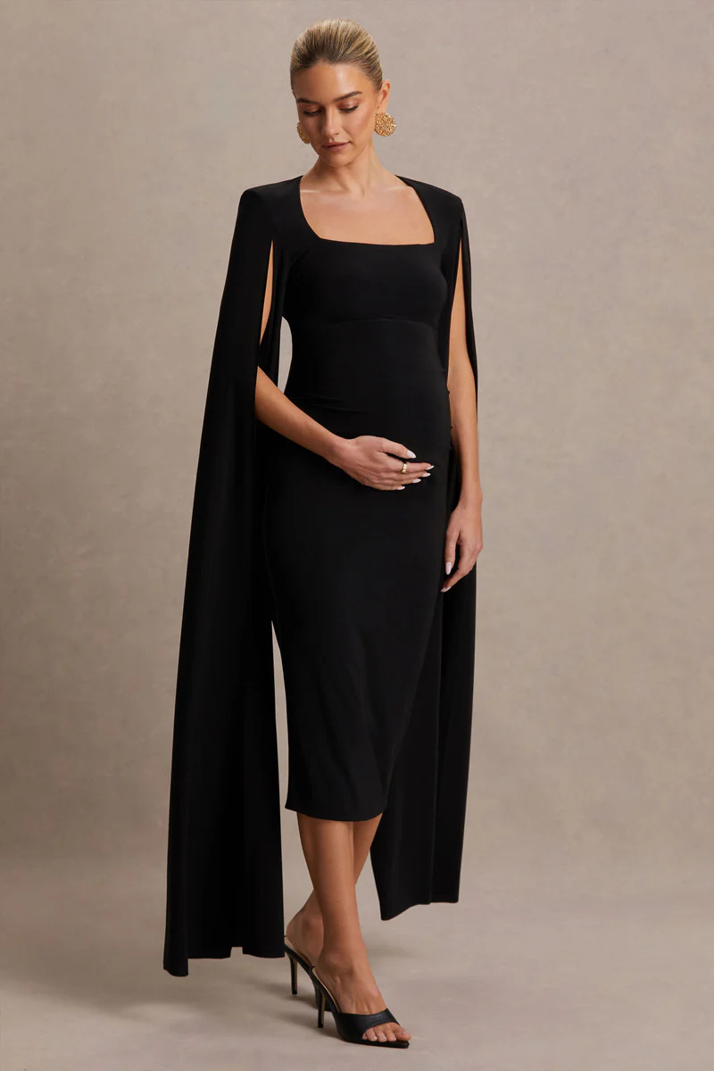 Flawless  Black Square-Neck Maternity Midi Dress With Cape-Sleeves | Club L London