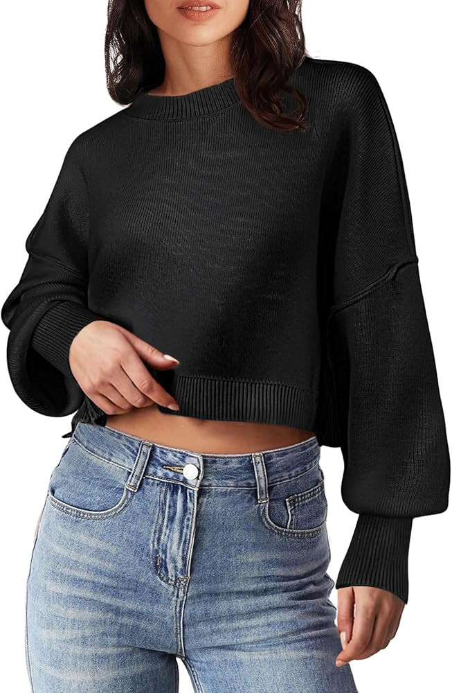 MEROKEETY Women's 2024 Crewneck Cropped Sweater Fall Batwing Sleeve Oversized Side Slit Ribbed Kn... | Amazon (US)