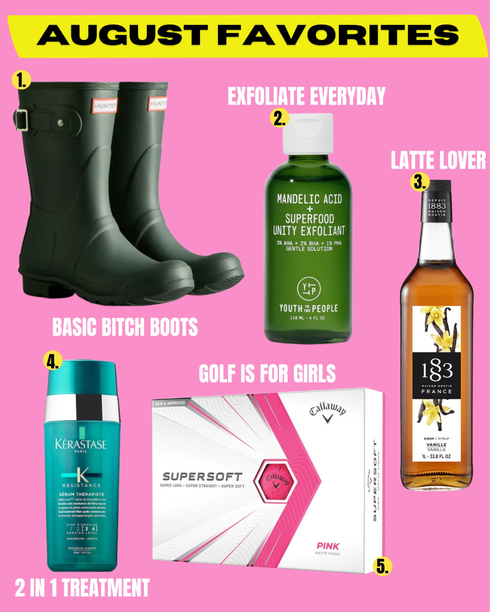 The five things I bought in August:
1. Hunter Boots
2. Youth to the People exfoliate 
3. 1883 coffee syrup
4. Kérastase hair serum 
5. Callaway golf balls 