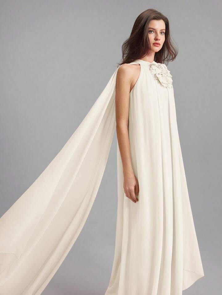 Ontre Stockholm Style, Women's Teacher Outfit, Autumn Women's Wear, Women's White Chiffon 3D Floral Decor Ruffle Neck Maxi Dress, Party Evening Gown, Wedding Season White Maxi Dress, Elegant And Graceful Women's Attire | SHEIN