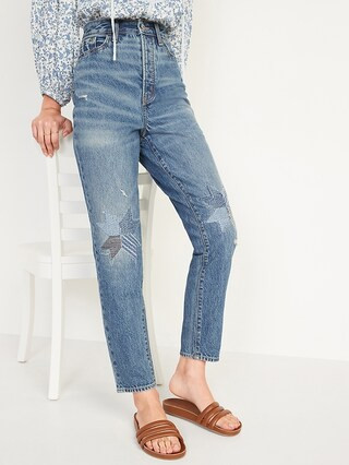 Higher High-Waisted Button-Fly O.G. Straight Patchwork Non-Stretch Jeans for Women | Old Navy (US)