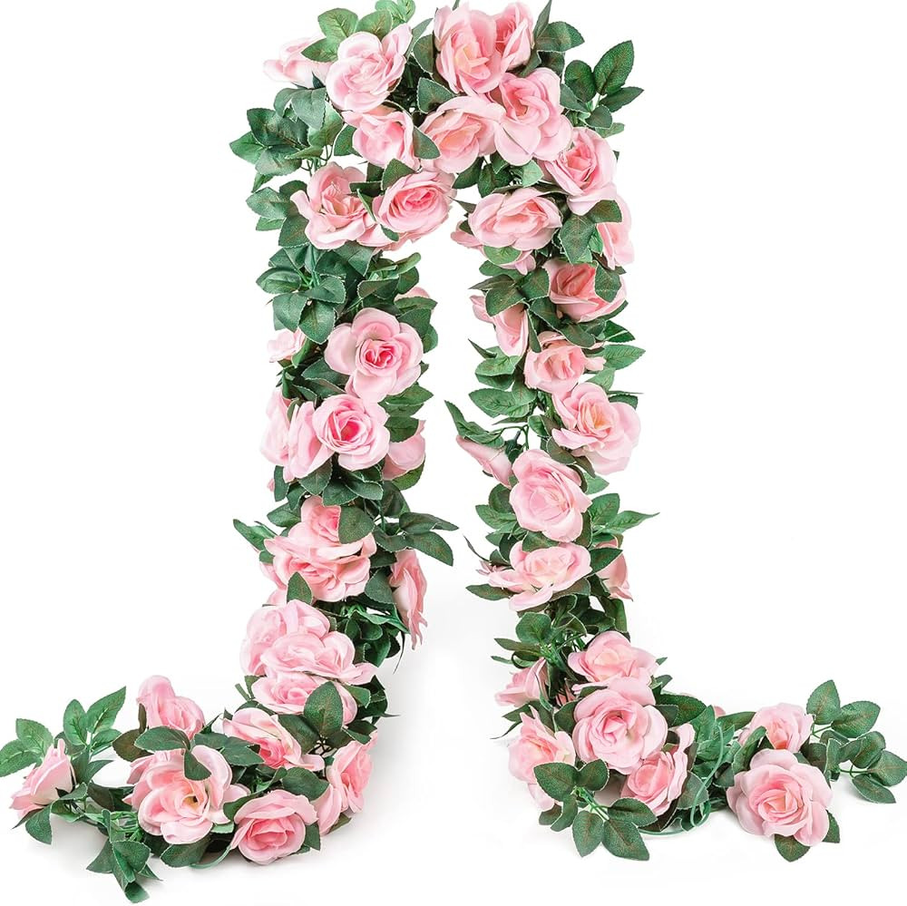 SWSTINLING 2 Pack (16FT) Artificial Rose Vine Flowers Plants Pink Fake Flower Vine for Mother's D... | Amazon (US)