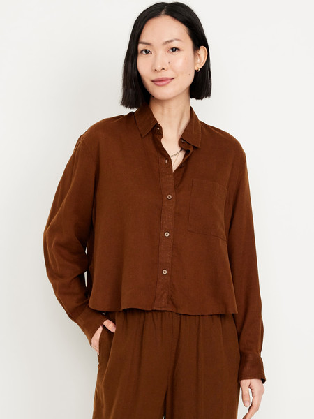 Linen-Blend Button-Down Crop Shirt | Old Navy (US)