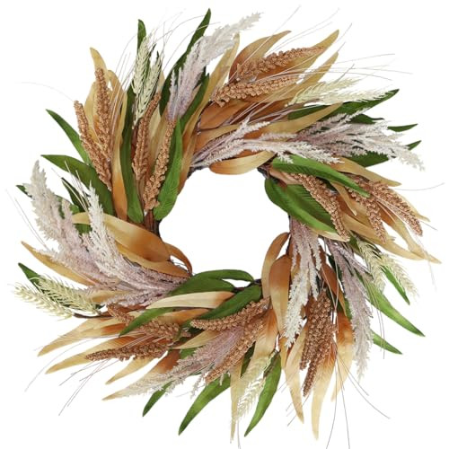 BINFEN 20" Fall Wreaths for Front Door with Green Brown Foliage Grain Ear Wheat and Pampas Grass – Boho Thanksgiving Harvest Wreath, Front Door Porch Decor. | Amazon (US)