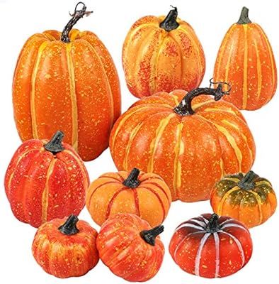 FUNARTY Package of 10 Harvest Artificial Pumpkins Assorted Size Fall Pumpkins for Autumn, Hallowe... | Amazon (US)
