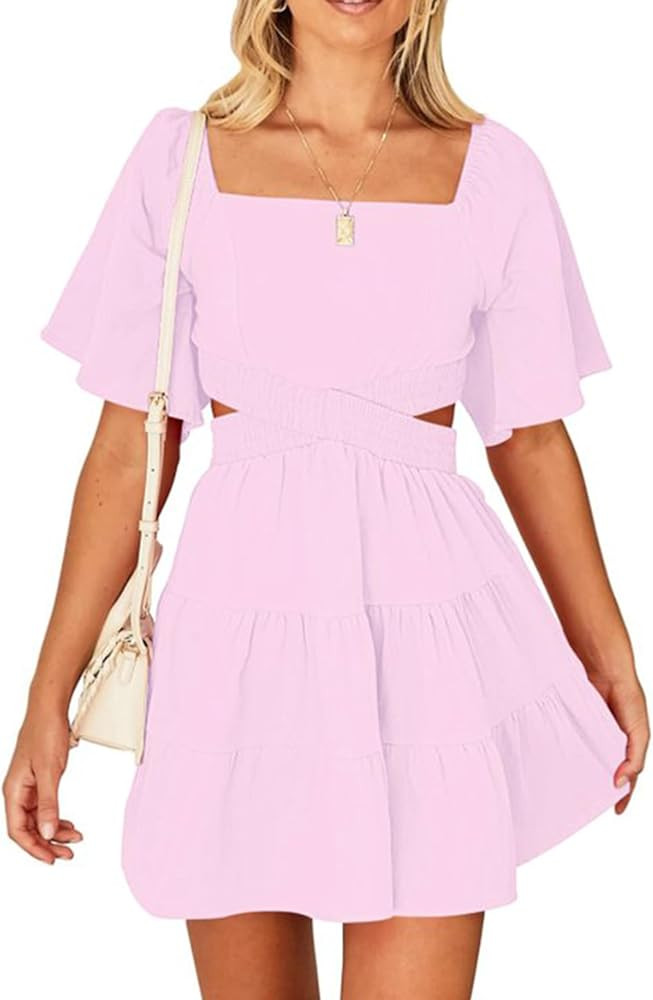 Women's Summer Dresses Square Neck Casual Short Sleeves Crossover Elastic Waist Party Mini Dress | Amazon (US)