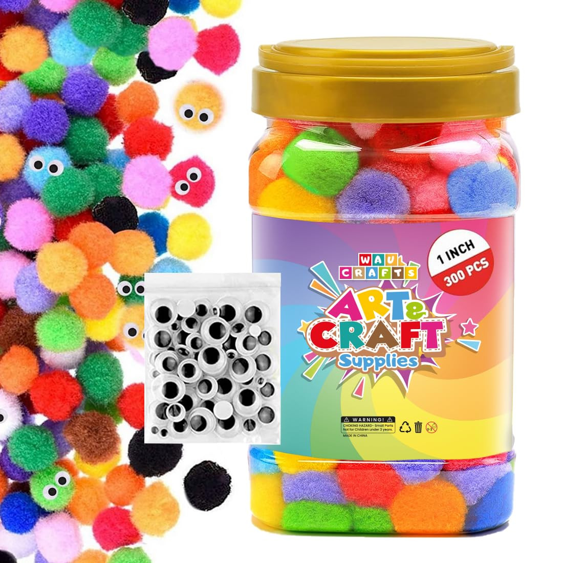 WAU CRAFTS 400 Pcs - 1 inch 300pcs Multicolored Large Pom Poms Arts and Crafts with 100 Googly Ey... | Amazon (US)
