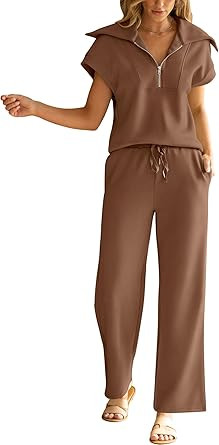 Caracilia Conjunto de 2 piezas para mujer, trajes de verano casuales con media cremallera, sudade... | Amazon (US)