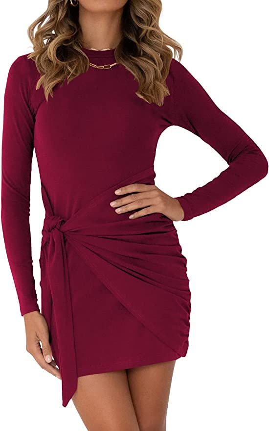 BTFBM Women Casual Crew Neck Long Sleeve Dresses Solid Color Slim Fit Tie Waist Ruched Bodycon Sh... | Amazon (US)