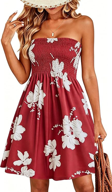 CHICGAL Summer Dresses for Women Beach Cover Ups Strapless Boho Floral Print Sundress | Amazon (US)
