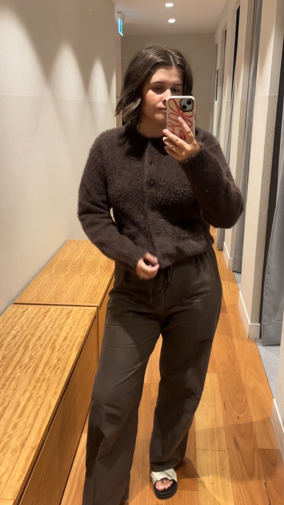 Chocolate knitwear. 
I wore a S/M in the jumper and small in the cardigan  

Pants are similar to the ones I’m wearing. 