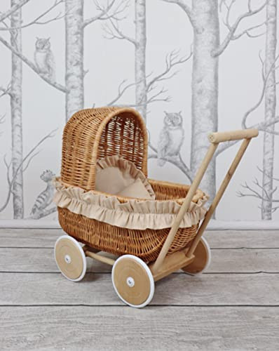 Amazon.com: CACKOO Handmade Wicker Pram For Dolls With Cotton Bedding Sheets And Handmade Pom-Pom... | Amazon (US)