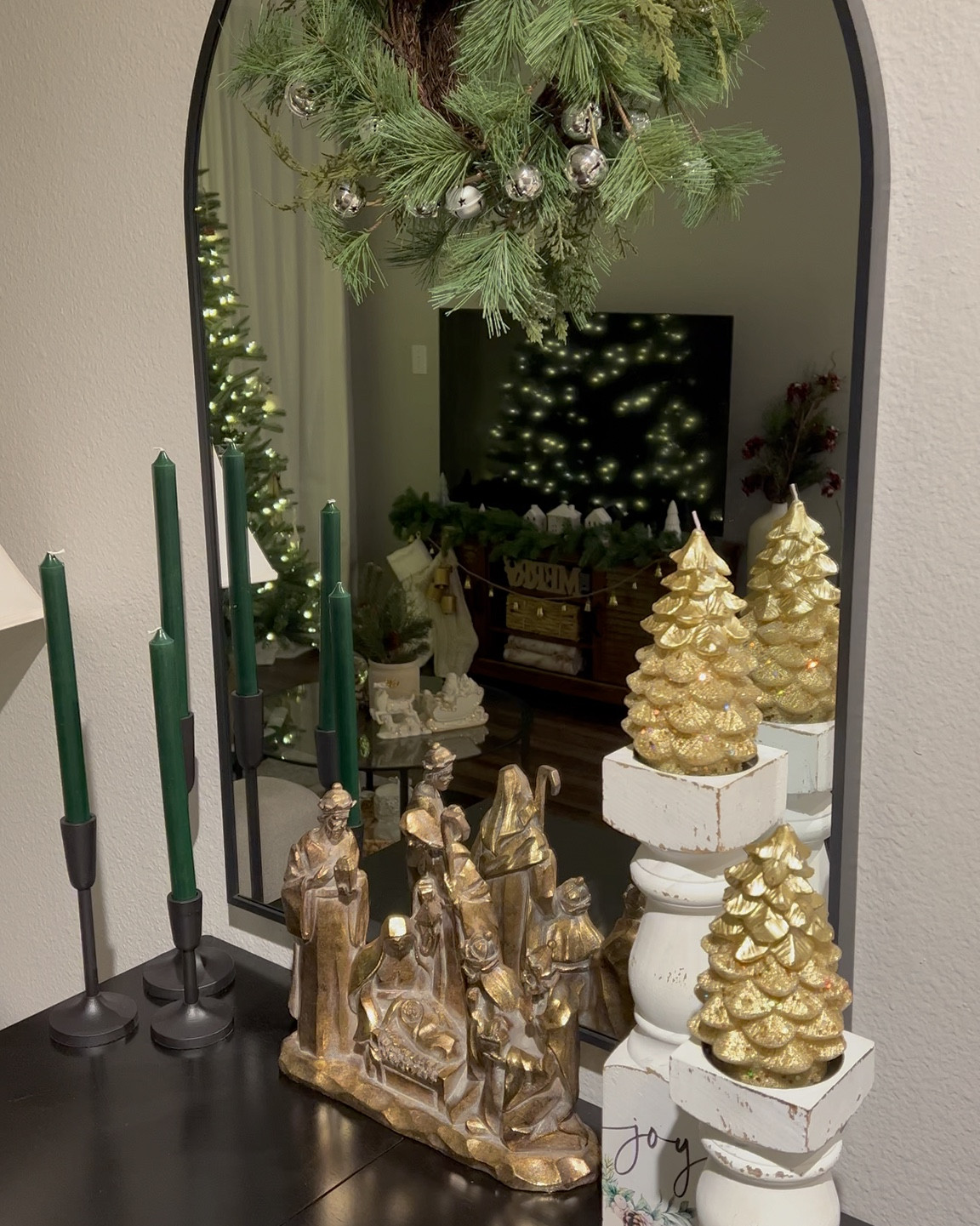 simple and clean Christmas mirror decor for the holidays! 🌲✨
gold, white, burdened and green accents.

Christmas decorations
holiday decor home decor decorations 

#LTKHoliday #LTKHome #LTKSeasonal