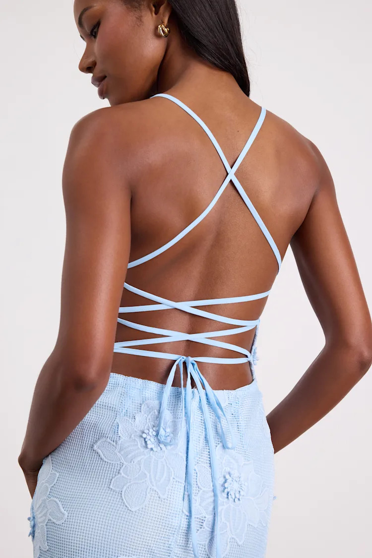 Dominia Light Blue Embroidered Lace-Up Mini Dress | Lulus