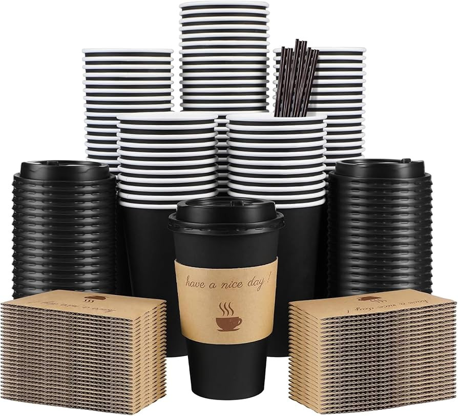 100 Pack 16 oz Coffee Cups with Lids, Disposable To Go Paper Coffee Cups with Sleeves and Stirrin... | Amazon (US)