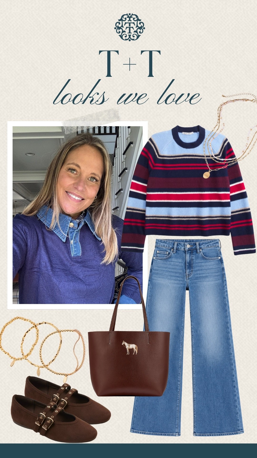 T+T looks we love! This striped Abercrombie sweater paired with Quince wide-leg jeans is a great choice for casual fall outfits. We’d finish the look with brown Mary Jane flats, a matching tote, and gold jewelry.