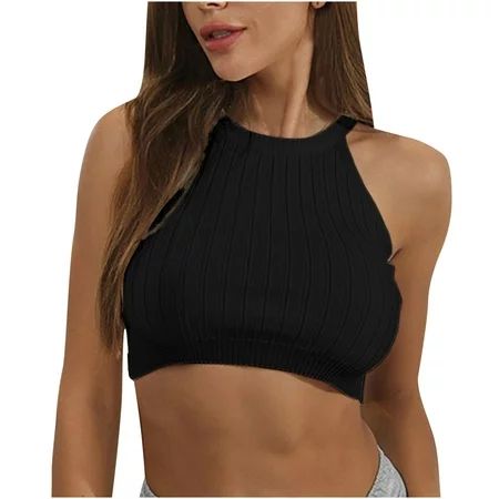 XFLWAM Women s Cable Knit Cut Out Halter Crop Top Tie Back Sleeveless Cami Tank Tops Black L | Walmart (US)