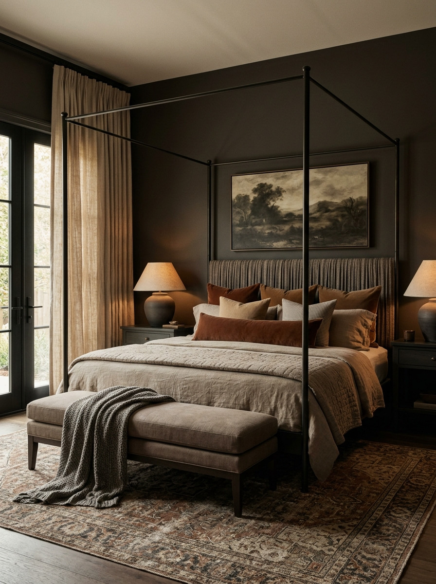 Moody Modern Traditional Bedroom 🤎 This richly layered bedroom blends dark, dramatic walls with warm earthy neutrals for a cozy designer look. A black four poster canopy bed, upholstered channel headboard, linen bedding, rust velvet pillows, oversized landscape art, ceramic table lamps, and a vintage-inspired area rug create a sophisticated mix of modern traditional and European-inspired style. Floor-to-ceiling neutral curtains, black French doors, an upholstered bench, and layered textiles add warmth and softness, making this the perfect inspiration for a moody fall bedroom refresh.

🖤 If you want to see more content like this, FOLLOW maeveandmodern on LTK, Instagram, and Pinterest! Check out our blog where we post daily, maeveandmodern.com!

Moody Bedroom | Modern Traditional Bedroom | Dark Bedroom Ideas | Cozy Fall Bedroom | Four Poster Bed | Black Canopy Bed | Upholstered Headboard | Neutral Bedding | Linen Bedding | Rust Throw Pillows | Layered Bedding | Vintage Inspired Rug | Bedroom Area Rug | Upholstered Bench | Bedroom Bench | Landscape Wall Art | Vintage Inspired Art | Ceramic Table Lamp | Floor to Ceiling Curtains | Neutral Curtains | Black French Doors | European Inspired Decor | English Country Bedroom | Transitional Bedroom | Warm Neutral Decor | Earth Tone Bedroom | Designer Bedroom Inspiration | Collected Interiors | Cozy Bedroom Ideas | Fall Home Decor

#LTKHome #LTKSaleAlert #LTKFindsUnder100 #LTKSeasonal 

 