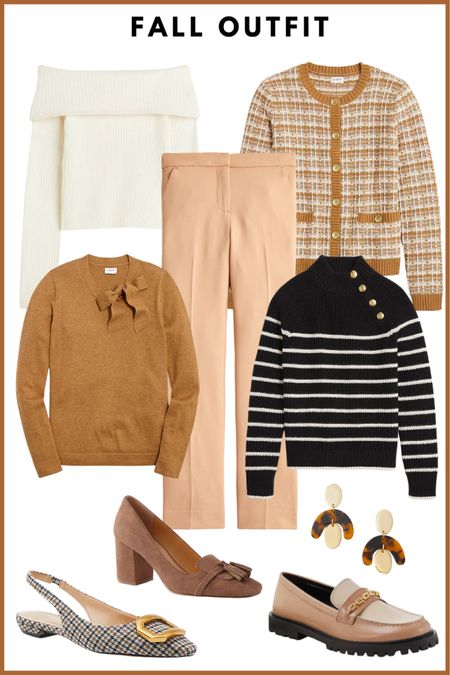 Fall outfit, work outfit, teacher outfit, fall sweater, fall shoes // off the shoulder sweater, work pants, tweed cardigan, knit sweater, cozy sweater, striped sweater, block heel, sling back pumps, leather loafers, penny loafers 

#LTKover40 #LTKshoecrush #LTKSeasonal