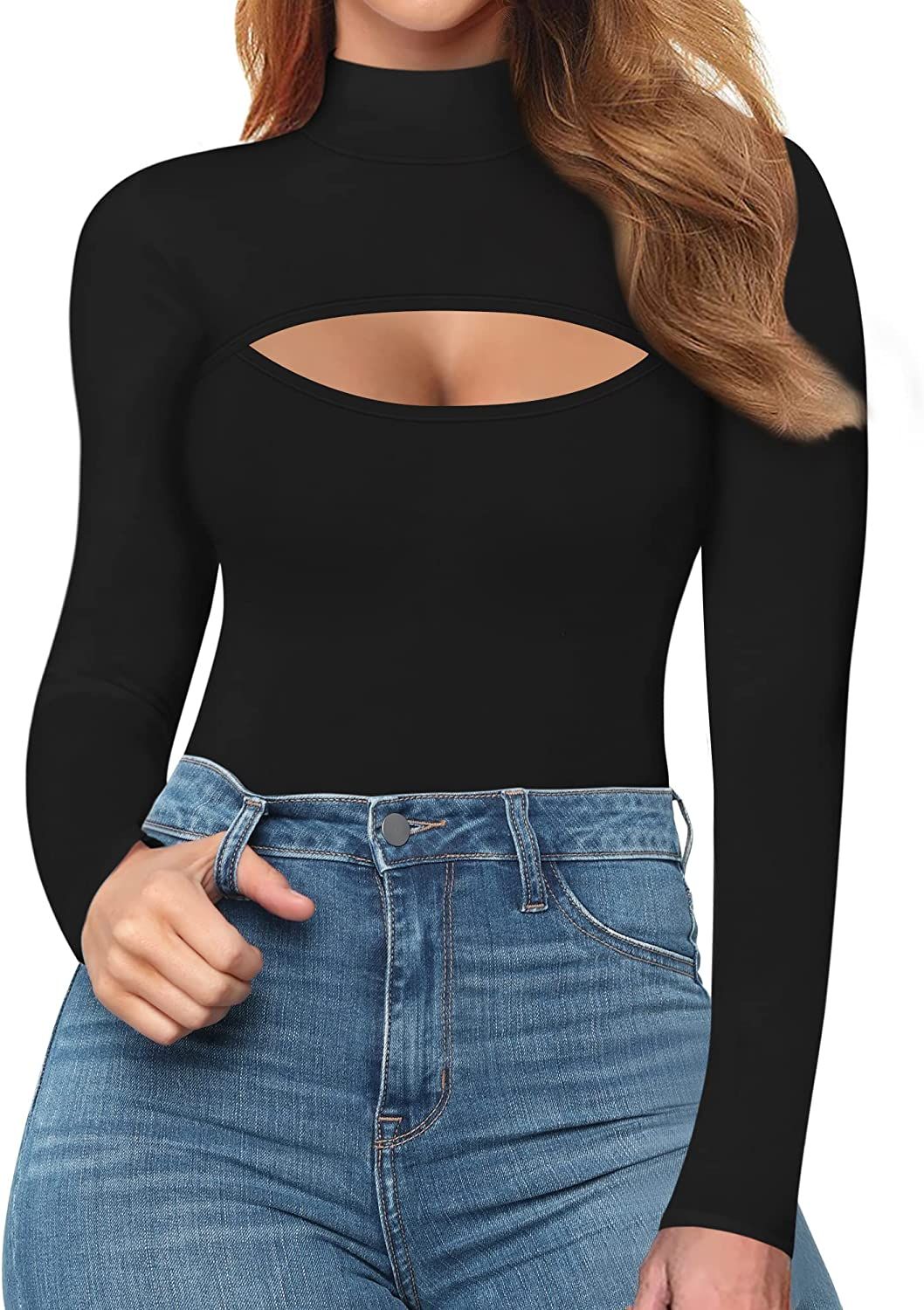 MANGOPOP Mock Neck Sexy Cutout Front T Shirt Sleeveless/Long Sleeve Bodysuit for Women | Amazon (US)