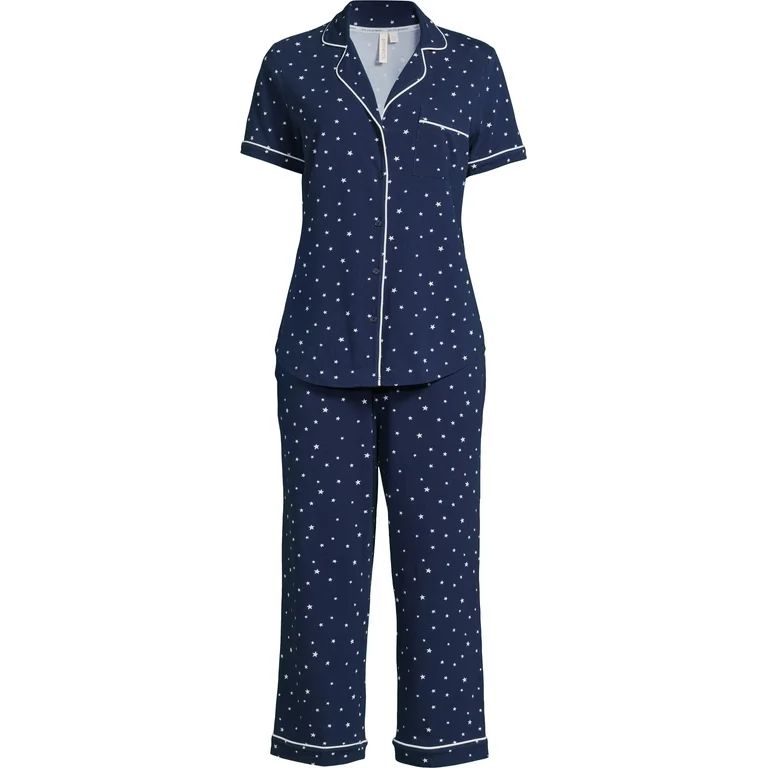 Joyspun Women's Cotton Blend Notch Collar Top and Capri Pants Pajama Set, 2-Piece, Sizes S to 4X ... | Walmart (US)