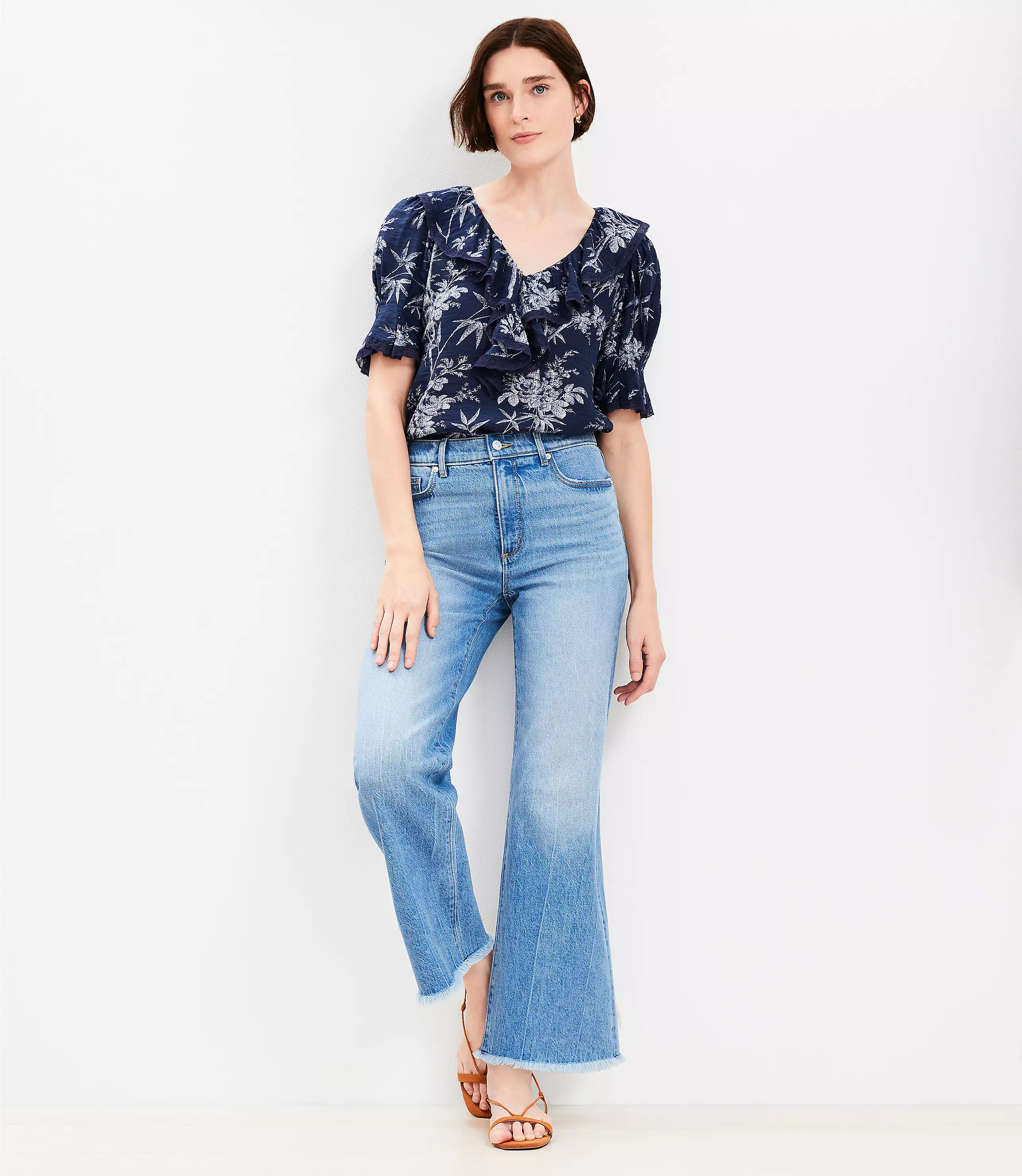 Frayed High Rise Wide Leg Crop Jeans in Light Wash | LOFT