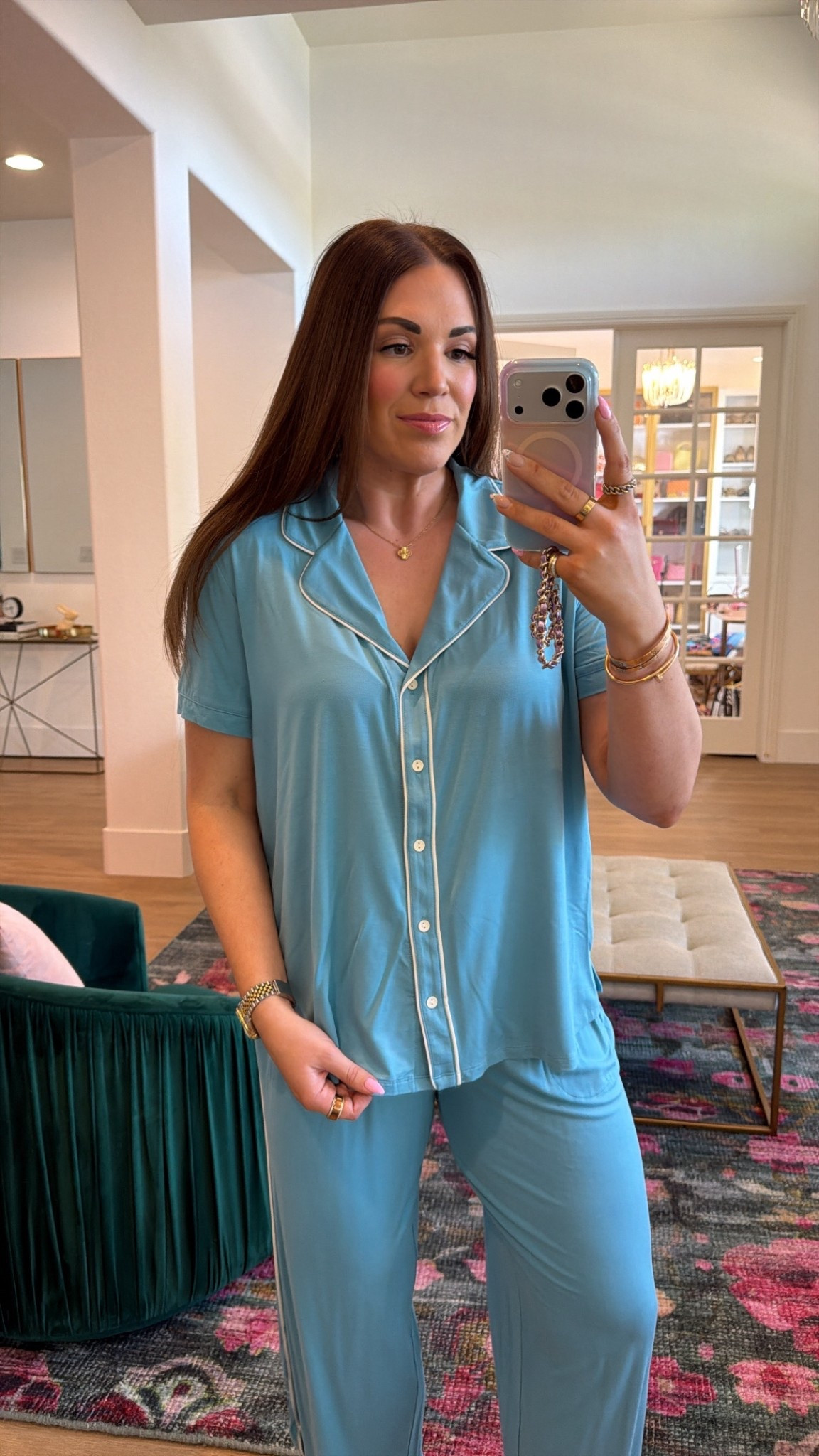 curvy midsize blue spring pajamas with white piping 🩵  in size large in top and bottom 

#LTKWorkwear #LTKMidsize