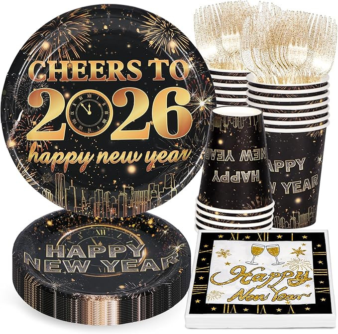 Happy New Year Party Supplies, Disposable Plates and Napkins, Party Cups, Napkins and Forks, 2026... | Amazon (US)