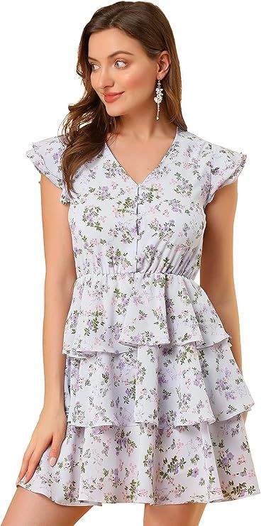 Allegra K Women's V Neck Layered Cap Sleeve Ruffle Valentine's Day Floral Mini Dress | Amazon (US)