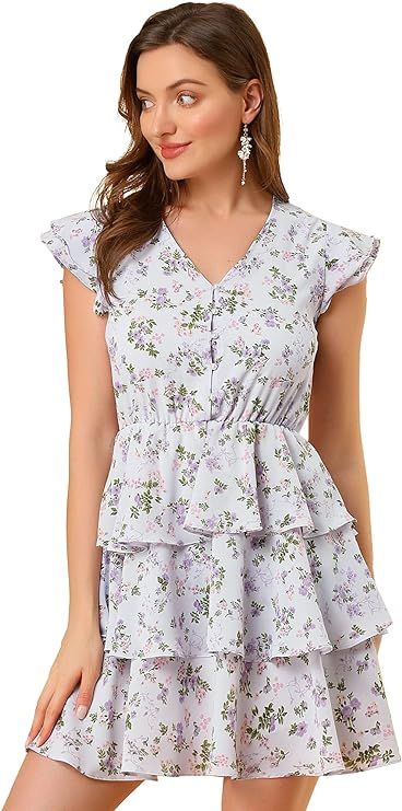 Allegra K Women's V Neck Layered Cap Sleeve Ruffle Valentine's Day Floral Mini Dress | Amazon (US)