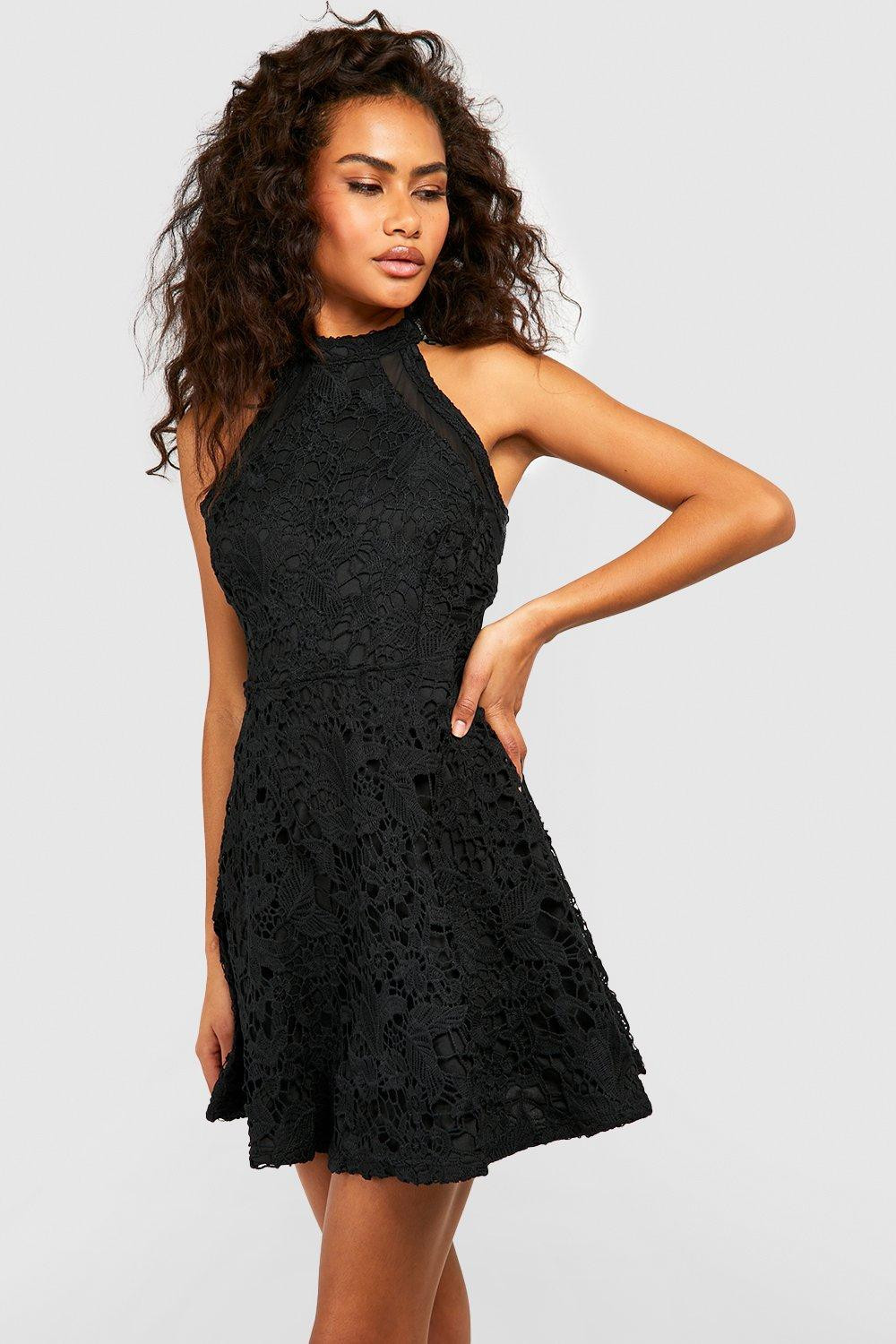 Womens Lace High Neck Skater Dress - Black - 12 | Boohoo.com (US & CA)