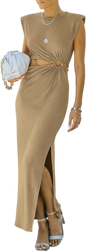 ANRABESS Women Summer Sleeveless Padded Shoulder Cutout Sexy Slim Fit Maxi Slit Dress | Amazon (US)