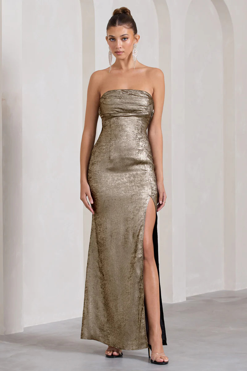Showstopper | Gold Metallic Strapless Open-Back Split Maxi Dress | Club L London
