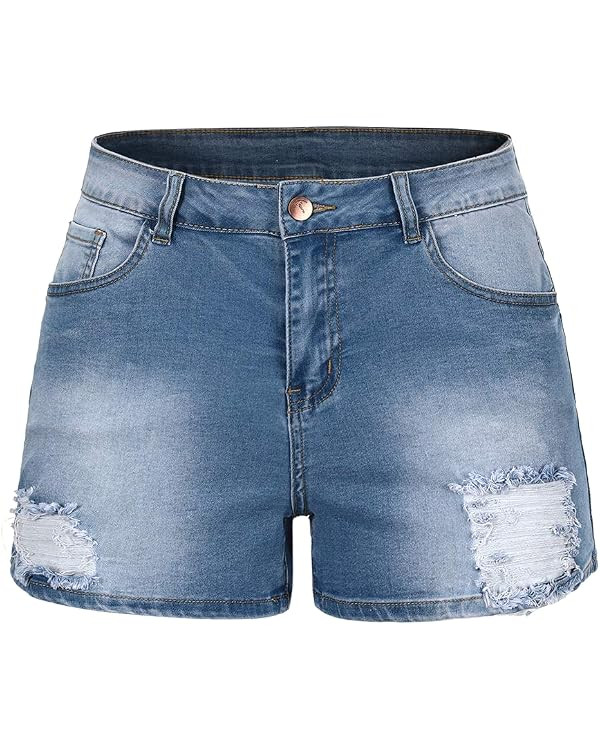 THUNDER STAR Women Mid Rise Ripped Stretchy Jeans Shorts Frayed Raw Hem Casual Denim Shorts | Amazon (US)