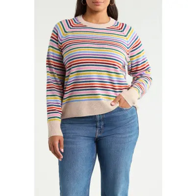 caslon(r) Wool & Cashmere Raglan Sweater in Oatmeal Multi Bowen Stripe at Nordstrom, Size 3X | Nordstrom