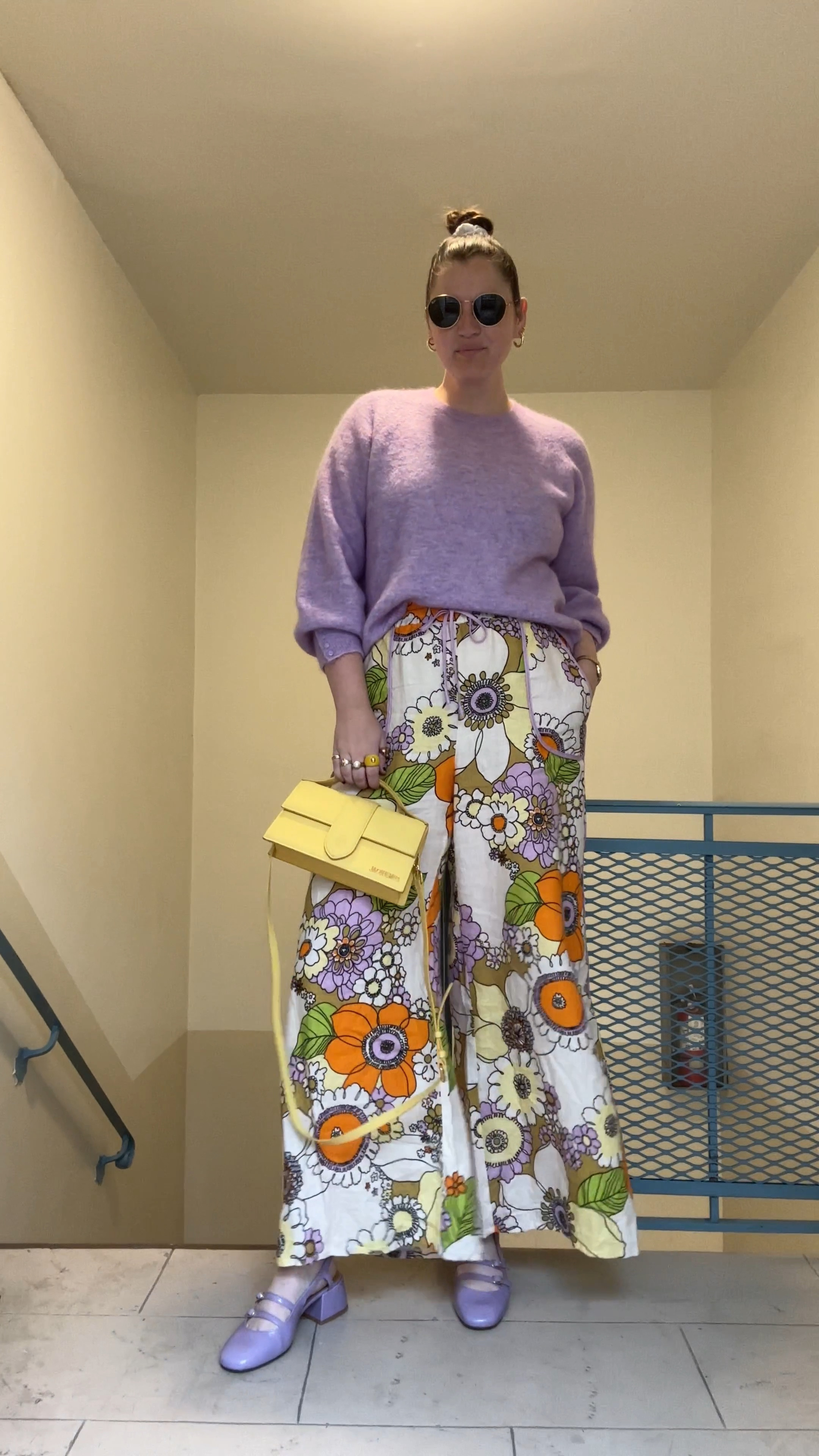 Sezane louise jumper in wisteria, purple sweater, spring / summer, fall / winter, layering, lilac sweater, ALEMAIS Farrah floral-print linen trousers, spring / summer, work outfit, office look, casual outfit, purple, yellow, orange, colorful clothes, flowy pants, white amazon scrunchie, Sezane new arrivals, lilac varnish Paula babies, purple, kitten heels, pastels, spring shoes, spring / summer, rayban round sunglasses, gold jewelry from Amazon (hoop earrings, rings), Jacquemus Le Grand Bambino crossbody bag, yellow designer purse

#LTKStyleTip #LTKFindsUnder50 #LTKFindsUnder100