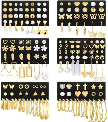 84 Pairs Gold Stud Earrings Set for Women Multipack, Fashion Pearl Cubic Zirconia Butterfly Earri... | Amazon (US)