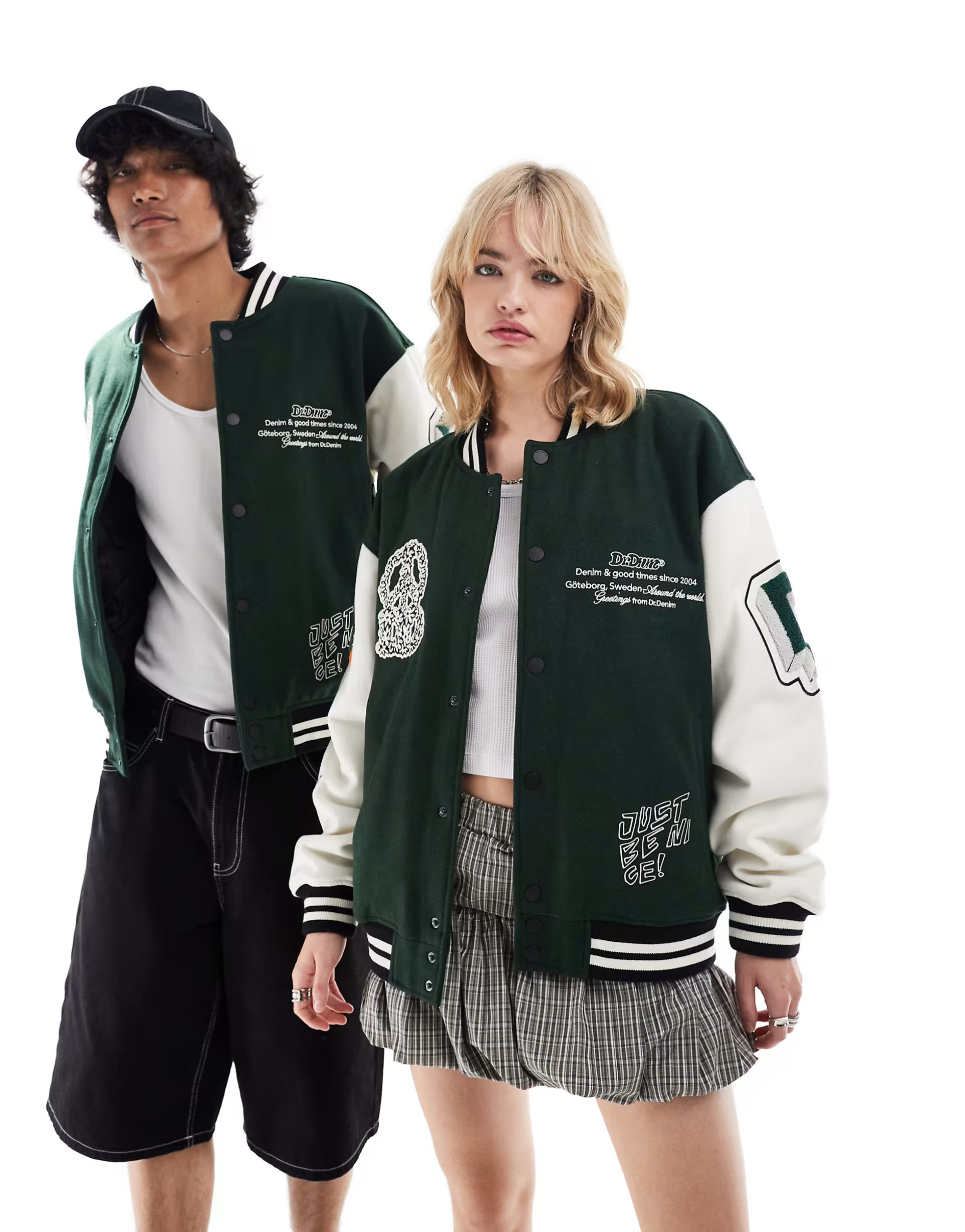 Dr Denim unisex Annivarsity jacket in green patched | ASOS (Global)