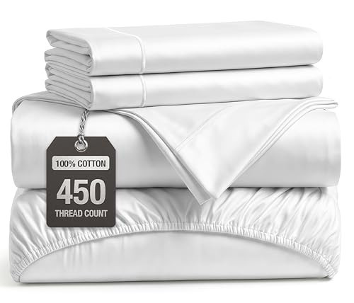 450TC 100% Long-Staple Cotton Queen Sheet Set - Soft Sateen Weave, White | Amazon (US)