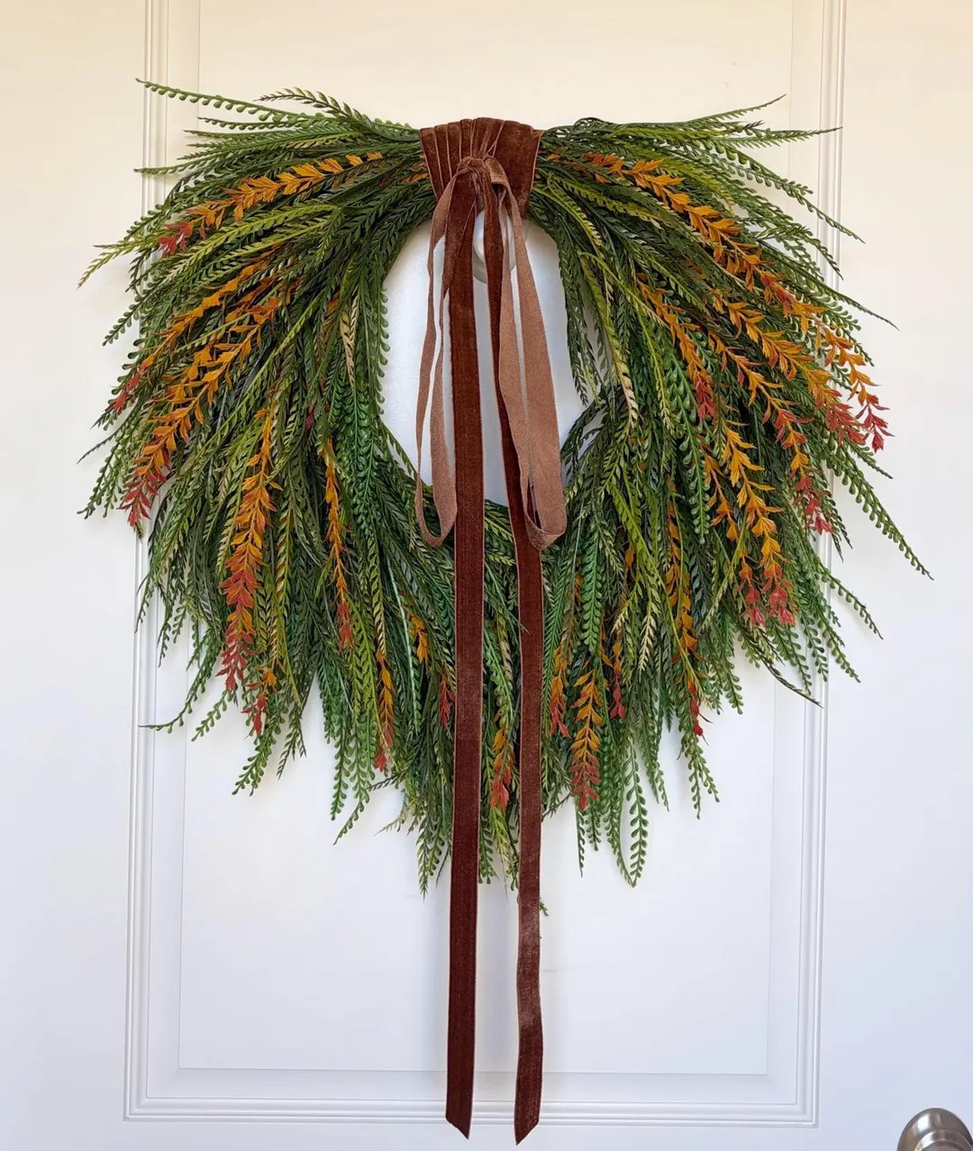 Cascading Faux Fall Wreath | Greenery Door Hanger with Velvet Ribbon | Etsy (Global)