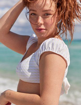 Aerie Striped Jacquard Puff Sleeve Bikini Top | American Eagle Outfitters (US & CA)