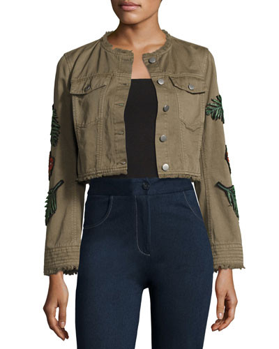 Halina Crop Denim Jacket W/ Logo Patches, Olive | Neiman Marcus