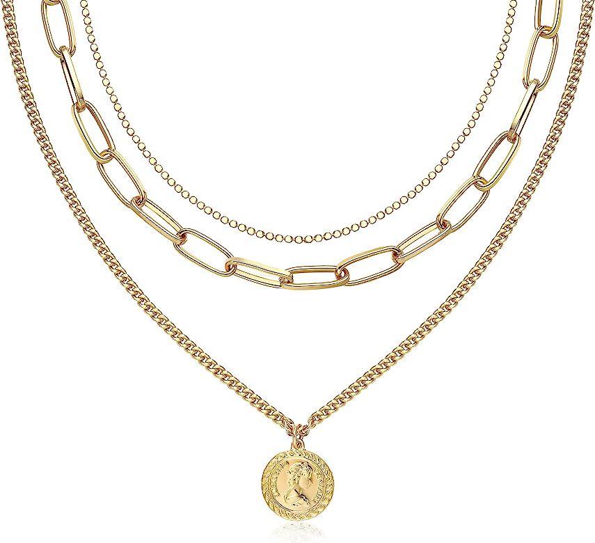 ACC PLANET Gold Layered Necklace for Women, 14K Gold Plated Coin Cross Pendant Necklace Chunky Ch... | Amazon (US)