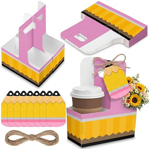 Ferrochef 30 Set Teacher Appreciation Gifts Pencil 2 Cup Drink Carrier with Greeting Card Ribbon Disposable Cup Holders with Handle for First Day of School Party Favors Gift | Amazon (US)
